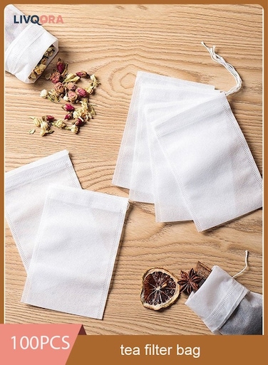 100-Piece Tea Filter Bags 12&Atilde;&mdash;8cm &acirc;&euro;&ldquo; Food Grade Nylon Drawstring Infuser Bags for Loose Tea, Herbs, Spices, Coffee, Soup