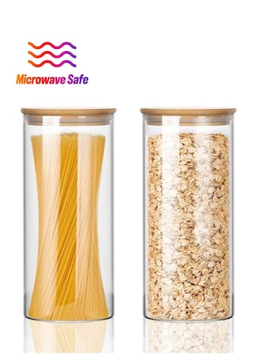 Set of 2- 1200 ML Borosilicate Round Glass Food Storage Jar With Bamboo Lid for Candy Cookie Rice Sugar Flour Pasta Nuts