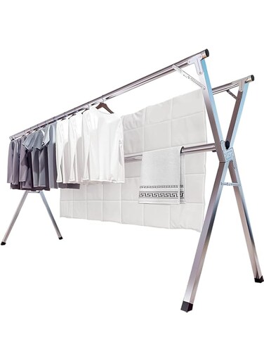 1.6M/63in Stainless Steel Garment Rack - Adjustable and Foldable Clothes Drying Rack, Stainless Steel Garment Rack Adjustable and Foldable Space Saving Laundry Drying Rack