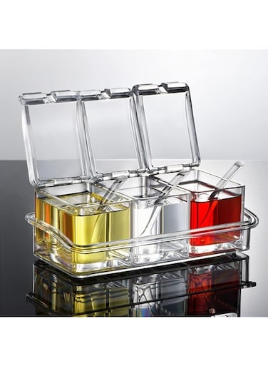 Tazweeq 3 Pieces Seasoning Box, Seasoning Rack Spice Pots Storage Container, for Spice Salt Sugar Cruet Liquid, Condiment Jars with 3 Spoons, Clear