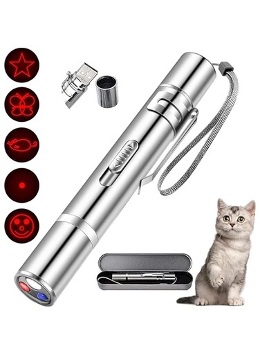 Mumoo Bear Cat Toys,7 in 1 Function Interactive Cat Toys 3 Lights Modes Led Pointer Cute Kitten Toys for Indoor Cats,Funny Pet Chaser Toy Exercising Training Tool for Cat -Sliver Iron Box Packaging