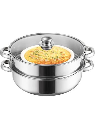 Tazweeq 2-Layer Steamer Pot Cooker, Double Boiler, Stainless Steel Cookware Saucepot with Glass Lid and Double Handles, Work with Gas Induction Oven, Grill Stove