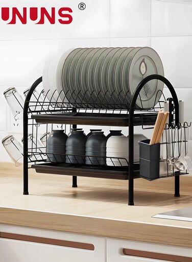 Large Dish Drying Rack, 2 Tier Dish Rack with Tray Utensil Holder &amp; Cup Holders, Large Capacity Rustproof Dish Drainer, Drain Board Tray for Kitchen Counter Organizer Storage for Kitchen Counter
