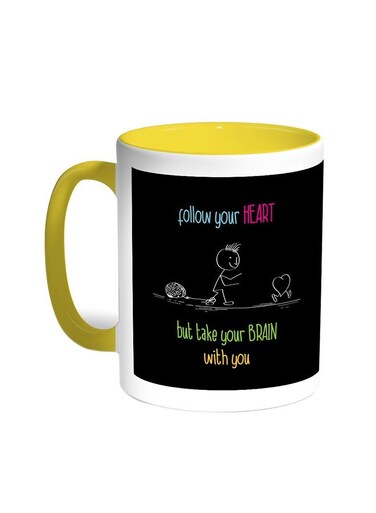 Follow Your Heart But Take Your Brain With You Printed Coffee Mug Yellow/White 11ounce