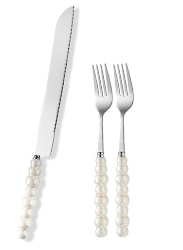 Pcs Wedding Cake Cutting Set, Wedding Cake Knife and Server Set, Ceramic Pearl Stainless Steel Pie Cutter with Forks, Bridal Shower Gifts, Engagement Gift for Couples (Silver)