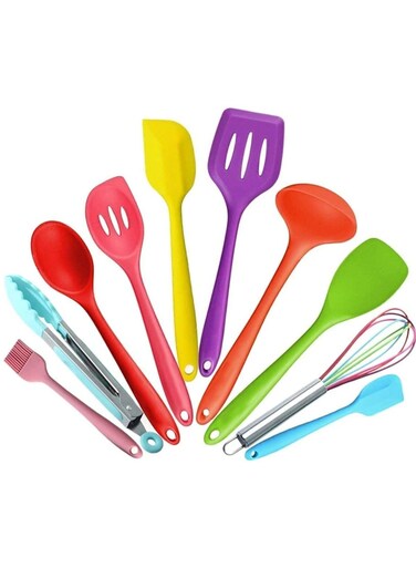 TIME 10 Piece Rainbow Silicone Kitchen Utensil Set , Heat Resistant Cooking Tools with Silicone Handles for Non&acirc;&euro;&lsquo;Stick Pans (Multicolor)