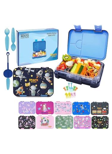 Snack Attack Lunch Box for Kids School Grey, Bento LunchBoxl 4/6 Convertible Compartments   BPA Free And Leak Proof (Blue Portofino)