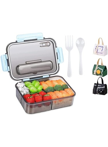 COOLBABY Lunch Box For Students And Office Workers. Reusable 1500ML 3 Compartments Built-in Cutlery Random Aluminum Bag, Leakproof, Dishwasher Safe, Microwaveable
