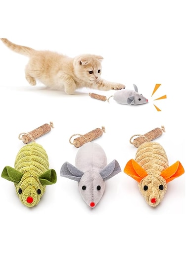 Cat Toys 3Pcs Squeak Mice, Interactive Catnip Silvervine Animals Toys for Indoor Kittens, Dental Cat Nip Chirping Toy, Cat Chew Exercise Toy for All Breeds and Species
