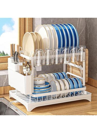 Dish Drying Rack With Drainer, 2 Tier Rustproof Stand for Kitchen Countertop,Cutting Board Holder,Cup Holder, Cutlery Rack,Large Capacity for Kitchen Countertop Saving Space 42x29x29cm (White)