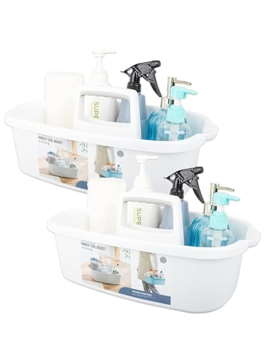 MostNow 2 Pack Versatile Cleaning Supplies Organizer, Under Sink Storage Basket with Comfort Grip Handle, Perfect for Bathroom &amp; Kitchen Essentials (White)