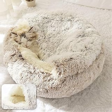 Haayymo Cat Bed Round Soft Plush Burrowing Cave Hooded Cat Bed Donut for Dogs &amp; Cats, Faux Fur Cuddler Round Comfortable Self Warming pet Bed