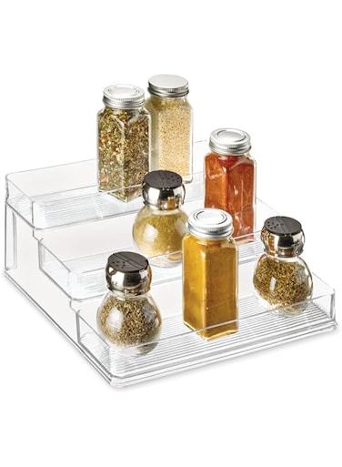 iDesign Linus Herb Rack, Compact Cupboard Spice Rack Ideal for Jars and Cans, Plastic, Clear