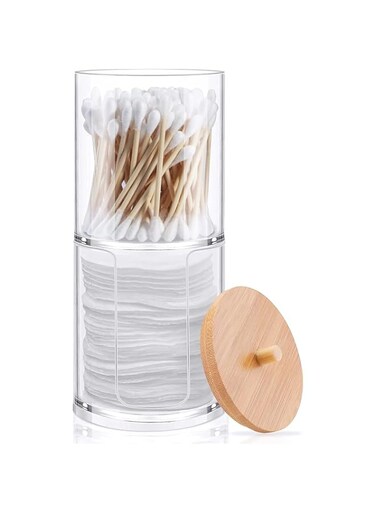 Silk Route - Acrylic Cotton Round Pad Holder and Qtip Holder Dispenser Set with Bamboo Lid, Stackable Clear Plastic Bathroom Vanity Organizer for Makeup Cotton Pad Swab Ball