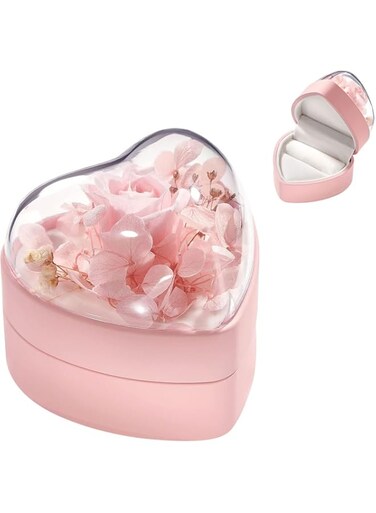 NALACAL Wedding Ring Box Leather Small Travel Jewelry Case for Rings Portable Mini Storage Organizer Velvet Ring Box White Pink Gifts for Women (Pink-Flower Heart Box)