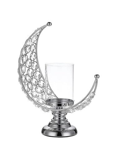 Azonee Candle Holder, Silver Moon Shaped Crystal Pillar Candle Holders, Tealight Holders with Glass Covers, Metal Crystal Moon Pillar Candle Stands, Votive Candlesticks for Table Centerpieces, 1 Pcs