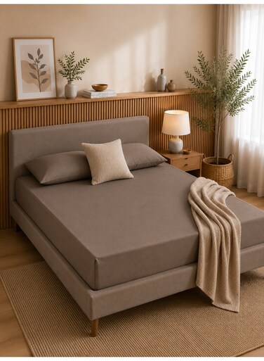 auraa 1-Piece Essential Microfiber Fitted Sheet Solid,Color:Taupe, Queen (160 x 200 + 30 cm),Design Soft Fabric Deep Pocket Elastic Edge Bed Linen