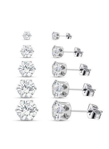 Silver Color Plated Cubic Zirconia Stud Earrings Set 5 Pairs