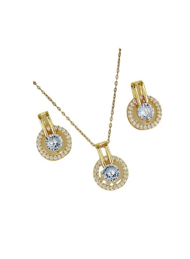 Gold Color Tone Circle Crystal Pendant Necklace and Earring Set