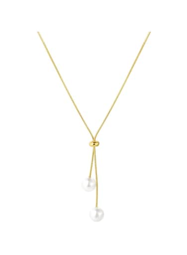 Elegant Gold Color Tone Lariat Necklace with Dual Pearl Drops
