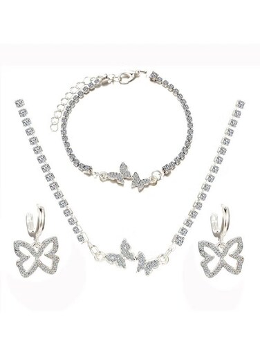 Silver Color Tone Crystal Butterfly Jewelry Set Necklace, Bracelet &amp; Earrings