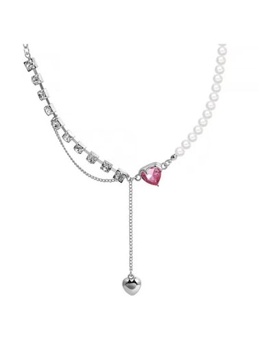 Elegant Heart Pendant Pearl Necklace Adjustable 45+7cm Chain