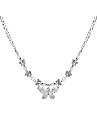 Silver Color Tone Butterfly Pendant Necklace with Small Beads and Mini Butterfly Charms for Women
