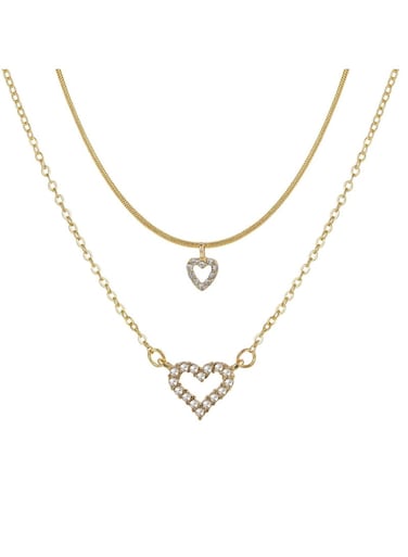 Double-Layer Crystal Heart Pendant Necklace Gold-Color Tone, Adjustable Chain
