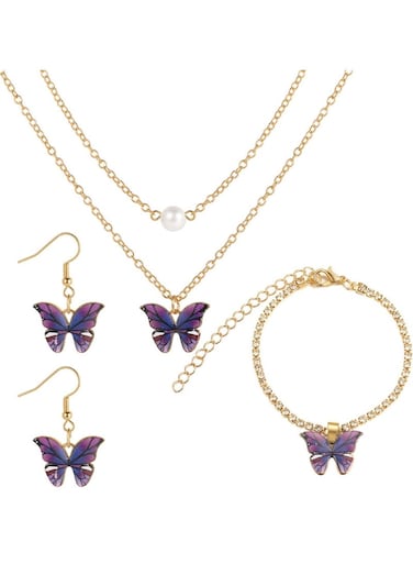 Purple Butterfly Jewelry Set Necklace, Bracelet &amp; Earrings Trio