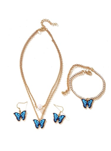 Blue Butterfly Jewelry Set Necklace, Bracelet &amp; Earrings Trio