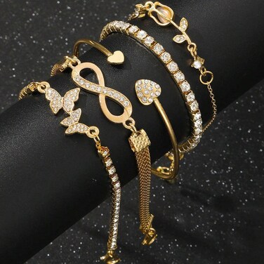 5-Piece Gold Color Crystal Bracelet Set Adjustable, Elegant Design