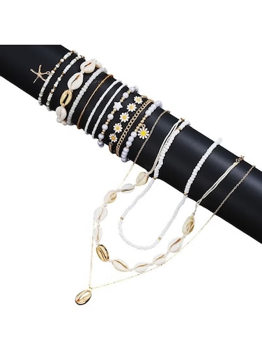 14-piece gold color tone beach jewelry set with necklace, bracelet, and anklet pearl and shell style