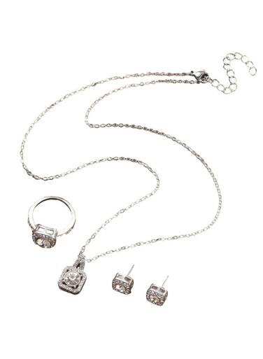 Sparkling Jewelry Set with Stud Earrings, Ring, and Pendant Necklace