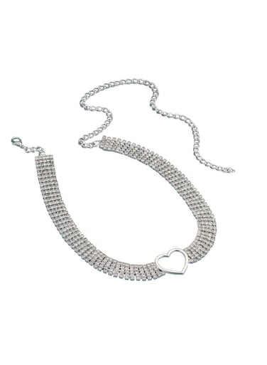 Rhinestone Choker Necklace with Heart Pendant Silver Alloy, 33cm + 26.6cm