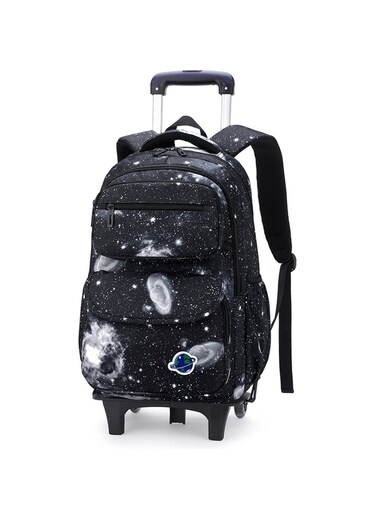 Galaxy Black and Gray Starry Sky Rolling School Backpack with Two