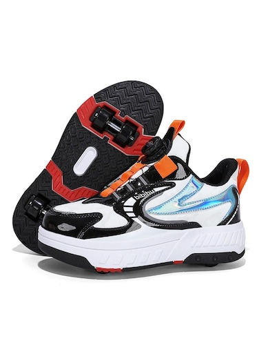 XF18 Four-Wheel Roller Skate Shoes Unisex Sports Sneakers with Hidden Wheels (White/Black with Orange, Size 34 &ndash; Inner length: 22 cm)