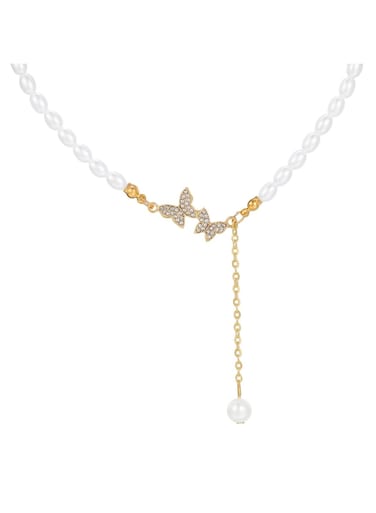 Pearl Chain Necklace with Crystal Butterfly &amp; Drop Charm Gold Color Tone