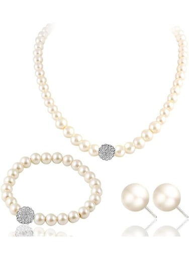 Elegant Pearl Jewelry Set Necklace, Bracelet &amp; Stud Earrings with Crystal Ball Accents