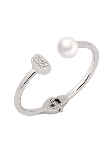 Silver Color Open Cuff Bracelet with Pearl &amp; Rhinestone Detail