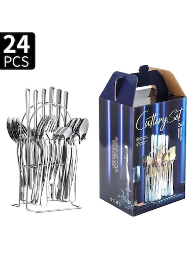 24-Piece Stainless Steel Cutlery Set with Stand Silver Finish
