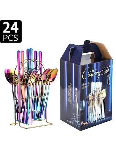 24-Piece Stainless Steel Cutlery Set with Stand Rainbow Finish
