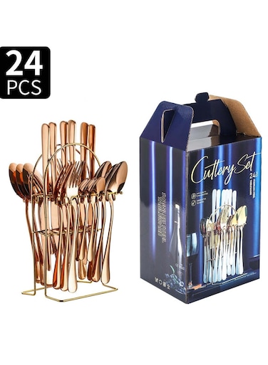 24-Piece Stainless Steel Cutlery Set with Stand Rose Gold Finish
