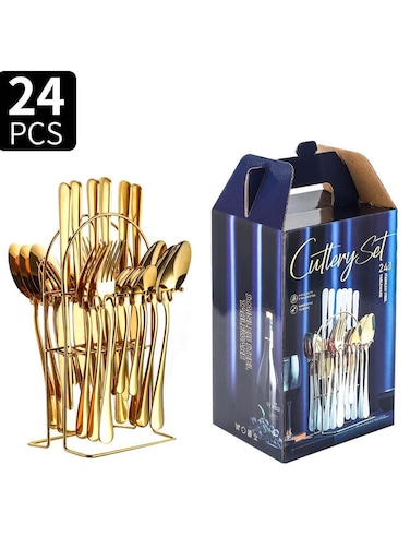 24-Piece Stainless Steel Cutlery Set with Stand Gold Finish
