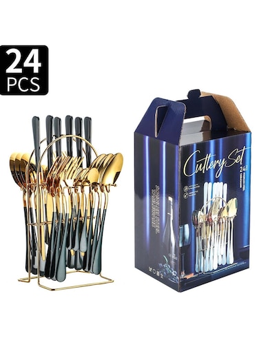 24-Piece Stainless Steel Cutlery Set with Stand Green Finish
