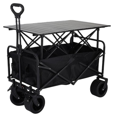 Heavy-Duty Folding Utility Wagon Cart with Table 97 x 51 x 56 cm, Black, Multi-Purpose Outdoor Trolley