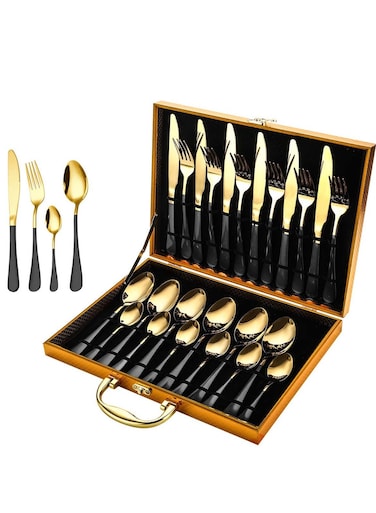 24 Pcs Stainless Steel Reusable Spoon Fork And Knives Gold Black Color Cutlery Set
