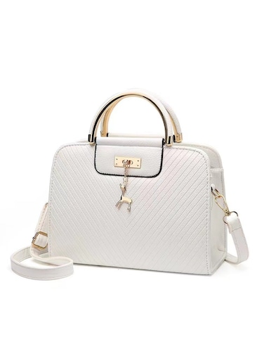 Elegant Women&rsquo;s Handbag 26x11x20 cm PU Leather Satchel with Deer Charm, White