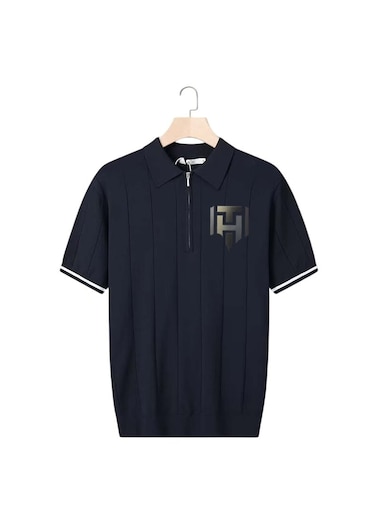 Men's Summer Polo Shirt &ndash; Navy Blue, Half-Zip, Short Sleeve, Ribbed Texture Size XL