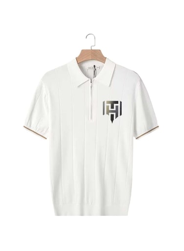 Men's Summer Polo Shirt &ndash; White, Half-Zip, Short Sleeve, Ribbed Texture Size L