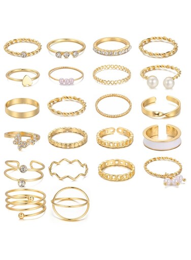 22-Piece Gold Color Ring Set Assorted Sizes &amp; Styles with Crystal, Pearl &amp; Alloy Accents